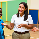 A professional female recreation leader in her 30s, wearing a modest polo shirt and khaki pants, engaging with a diverse group of children and adults in an international community center. She is demonstrating a fun, light group activity with a warm, empathetic smile, using expressive gestures to overcome language barriers and foster connection. The background shows vibrant community art and various ages interacting. Fully clothed, appropriate attire, professional dress, safe for work, appropriate content, family-friendly. Perfect anatomy, correct proportions, natural pose, well-formed hands, proper finger count, natural body proportions, professional photography, high quality.