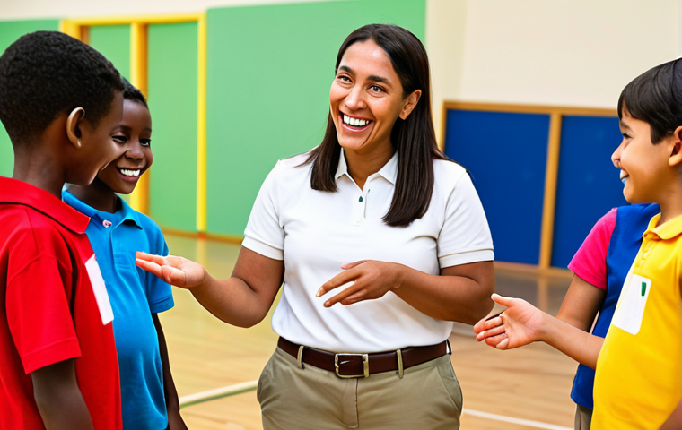 A professional female recreation leader in her 30s, wearing a modest polo shirt and khaki pants, engaging with a diverse group of children and adults in an international community center. She is demonstrating a fun, light group activity with a warm, empathetic smile, using expressive gestures to overcome language barriers and foster connection. The background shows vibrant community art and various ages interacting. Fully clothed, appropriate attire, professional dress, safe for work, appropriate content, family-friendly. Perfect anatomy, correct proportions, natural pose, well-formed hands, proper finger count, natural body proportions, professional photography, high quality.