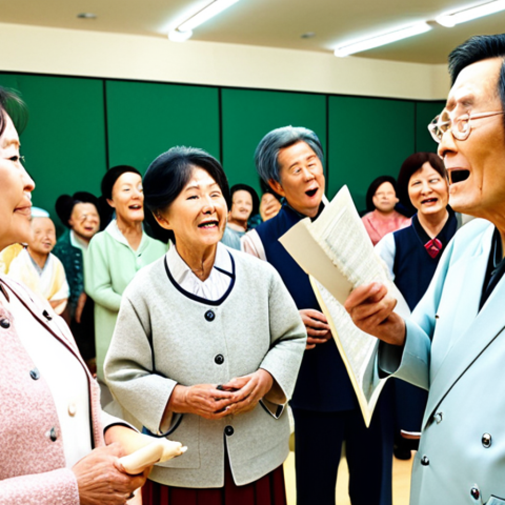 레크리에이션 프로그램 성공 사례 - Musical Recreation**
"Elderly people singing classic Japanese songs in a brightly lit community cen...