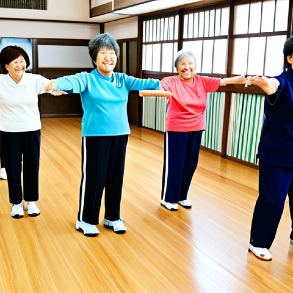 레크리에이션 지도자 추천 교육기관 - **Image:** A group of fully clothed senior citizens participating in a gentle exercise class in a co...