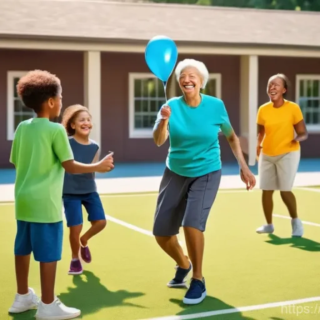 레크리에이션 지도자와 평생 교육 - A vibrant, joyful scene in a community center or park, featuring a diverse group of people from youn...