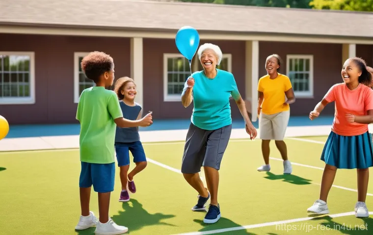 레크리에이션 지도자와 평생 교육 - A vibrant, joyful scene in a community center or park, featuring a diverse group of people from youn...