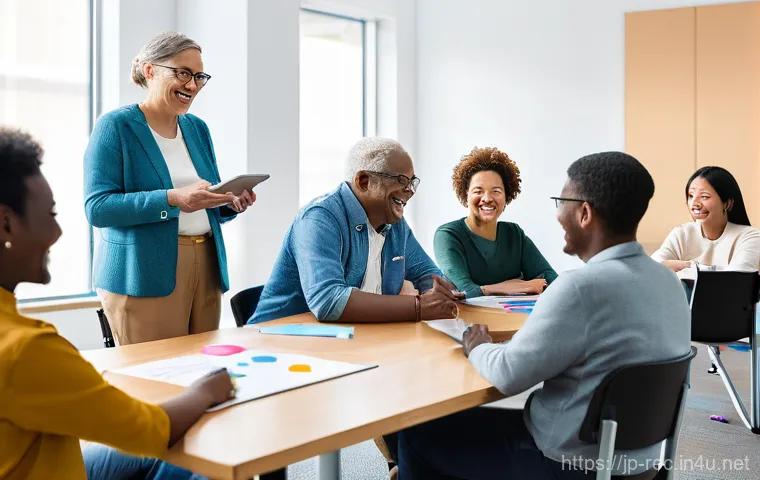 레크리에이션 지도자와 AI 기술 접목 - **Prompt 1: Emotional Memories Revived**
    "A cozy, brightly lit community hall, filled with sever...