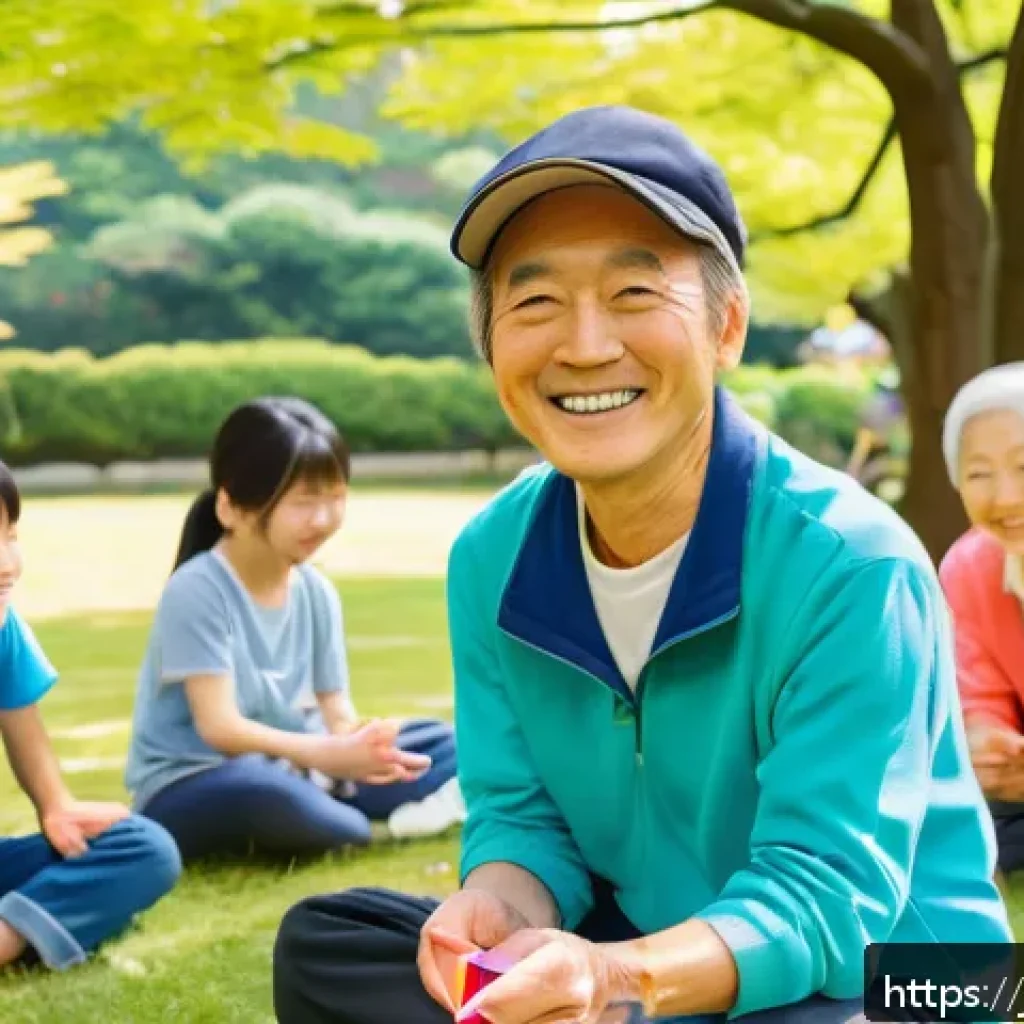 레크리에이션 지도자 자격증 취득 후기 - A cheerful Japanese community event scene in a sunny park, featuring a diverse group of people from ...