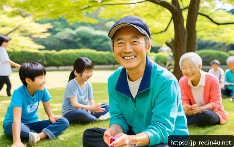 레크리에이션 지도자 자격증 취득 후기 - A cheerful Japanese community event scene in a sunny park, featuring a diverse group of people from ...
