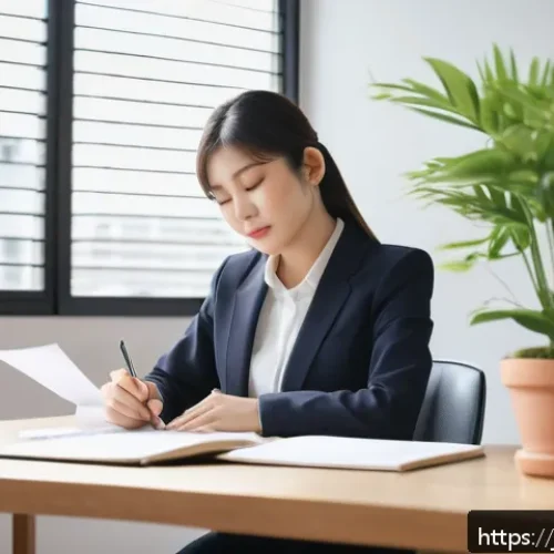 레크리에이션 지도자 면접 준비 과정 - A calm and composed young Japanese woman preparing for a job interview, sitting at a clean desk with...