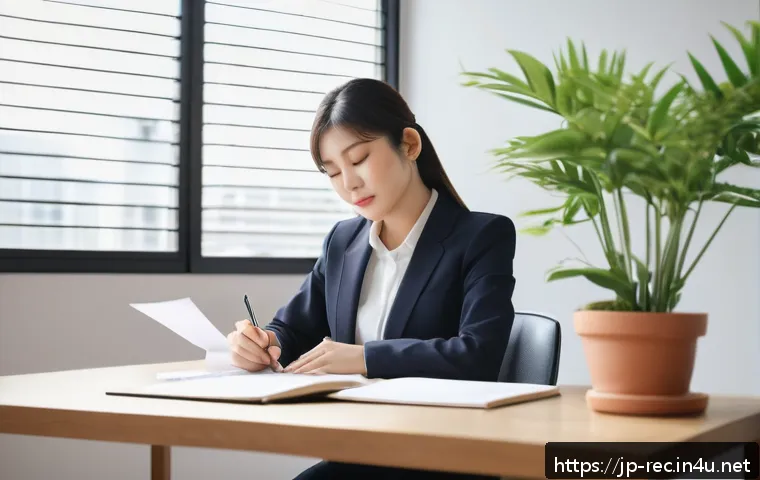 레크리에이션 지도자 면접 준비 과정 - A calm and composed young Japanese woman preparing for a job interview, sitting at a clean desk with...