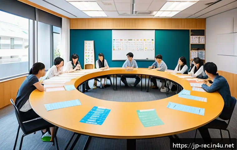 레크리에이션 지도자와 워크숍 운영 사례 - A bright and cheerful workshop scene set in a modern Japanese meeting room with natural lighting and...
