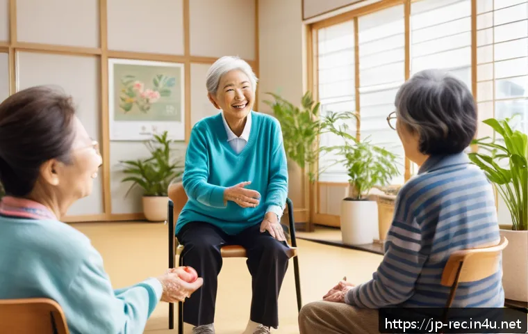 레크리에이션 지도자와 직업 만족도 조사 - A cheerful recreation instructor leading a diverse group of elderly Japanese people in a bright, mod...