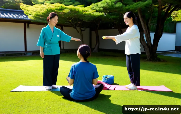 레크리에이션 지도자의 일과 균형 - Photorealistic split-scene lifestyle image of a Japanese recreation leader: on one side, confidently...