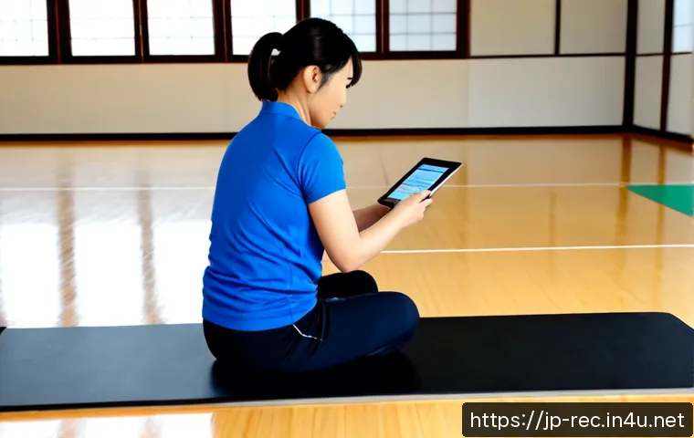 레크리에이션 지도자와 자기 관리 - Photorealistic Japanese recreation leader in a bright community sports hall, calmly reviewing a dail...